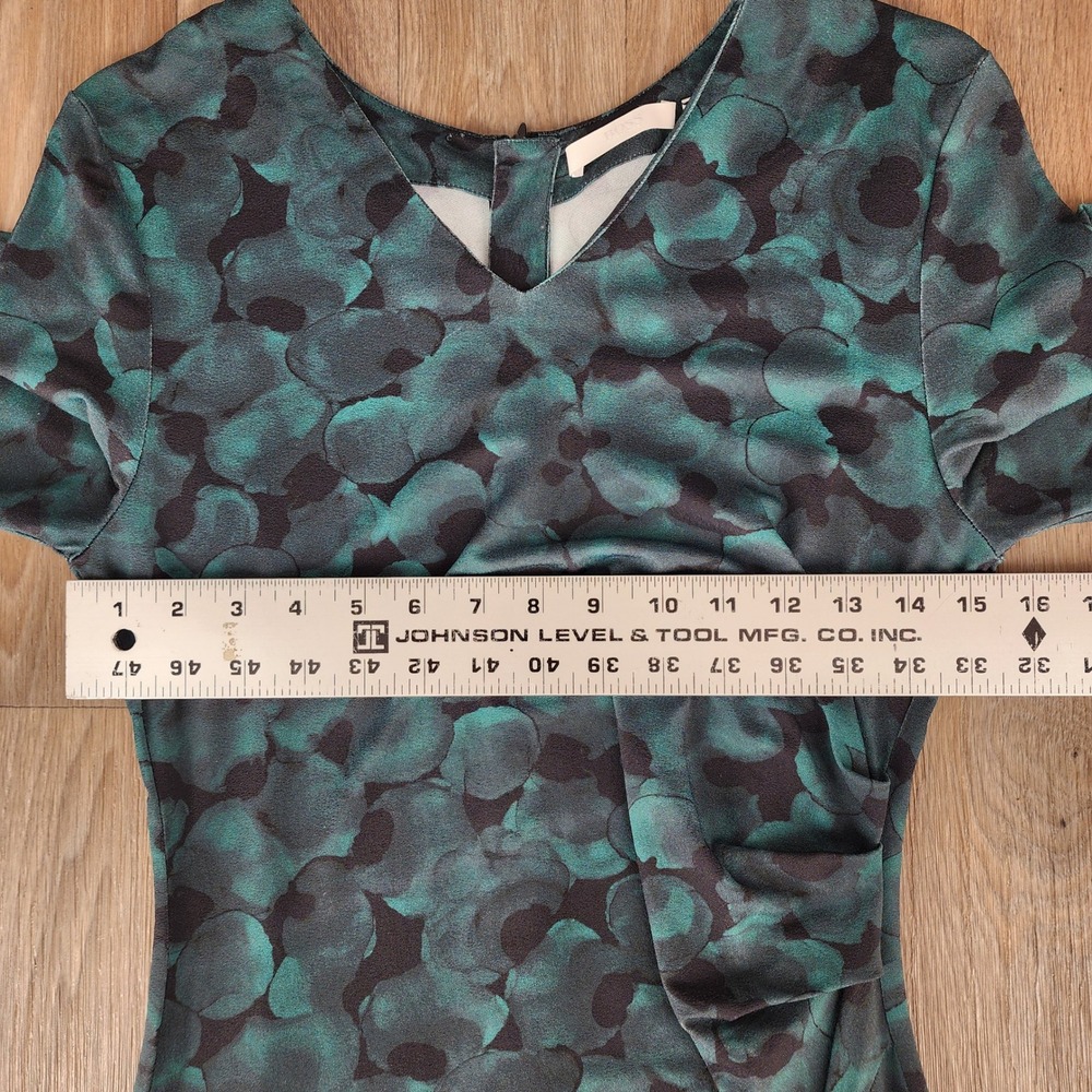Hugo Boss Teal Black Abstract Print Ruched V-Neck Sheath Dress 3/4 Sleeve - Picture 4 of 12